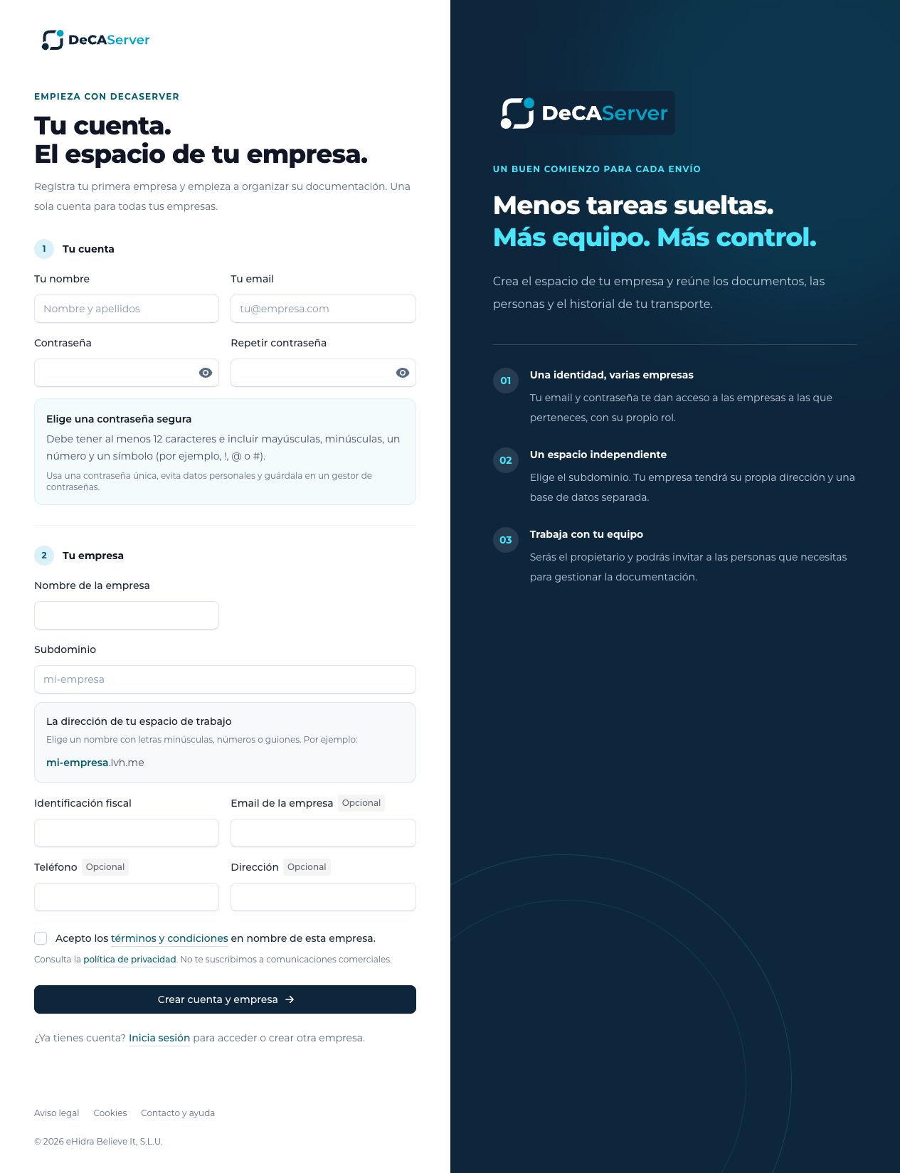 Detalle de Tu cuenta: nombre, email, contraseña y confirmación de contraseña.