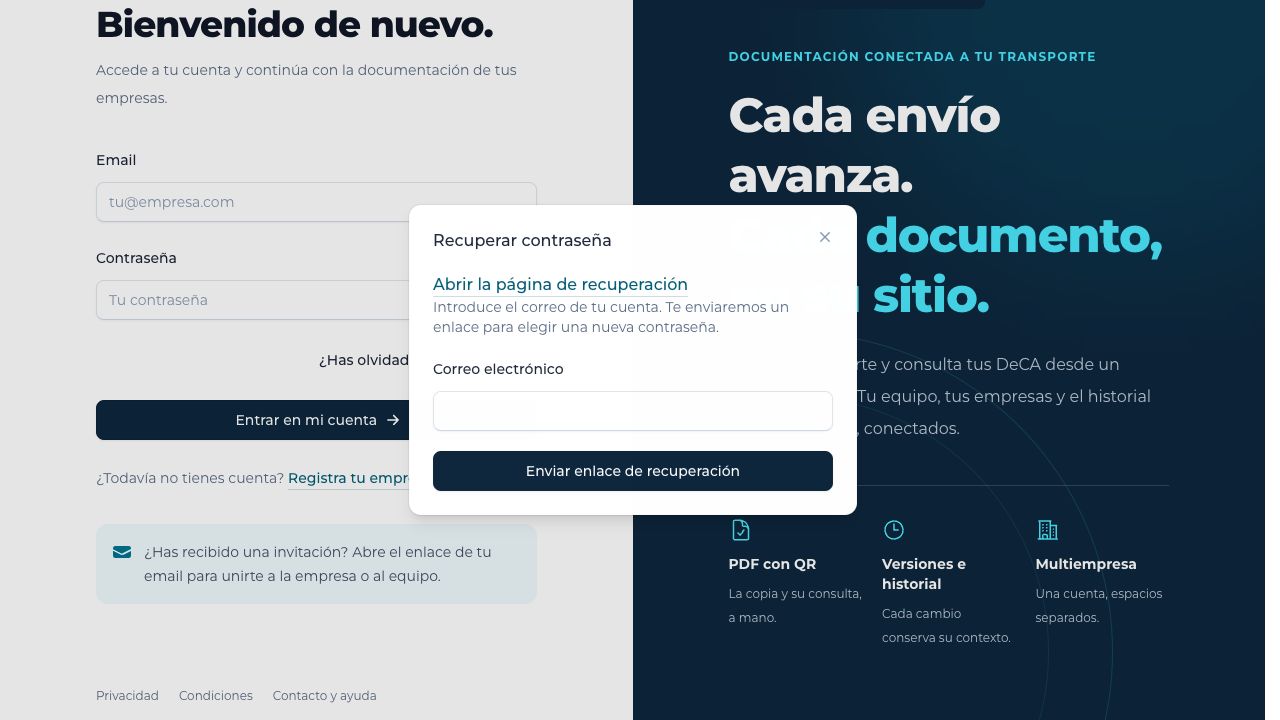 Detalle de la ventana Recuperar contraseña con su campo de email y el botón de envío.